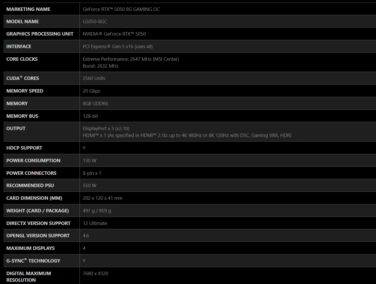 MSI GeForce RTX 5050 GAMING OC 8GB Video Card