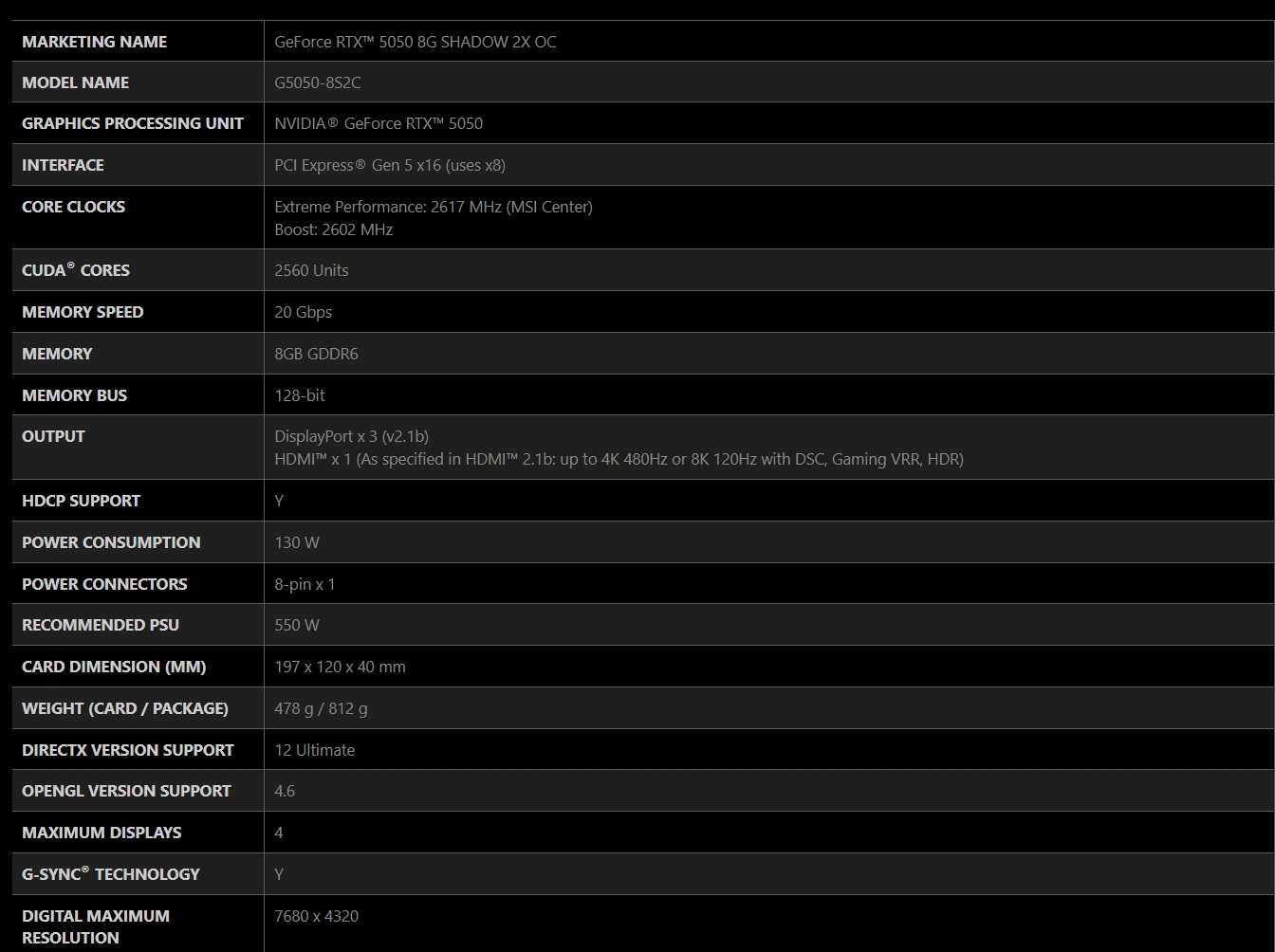 MSI GeForce RTX 5050 SHADOW 2X OC 8GB Video Card