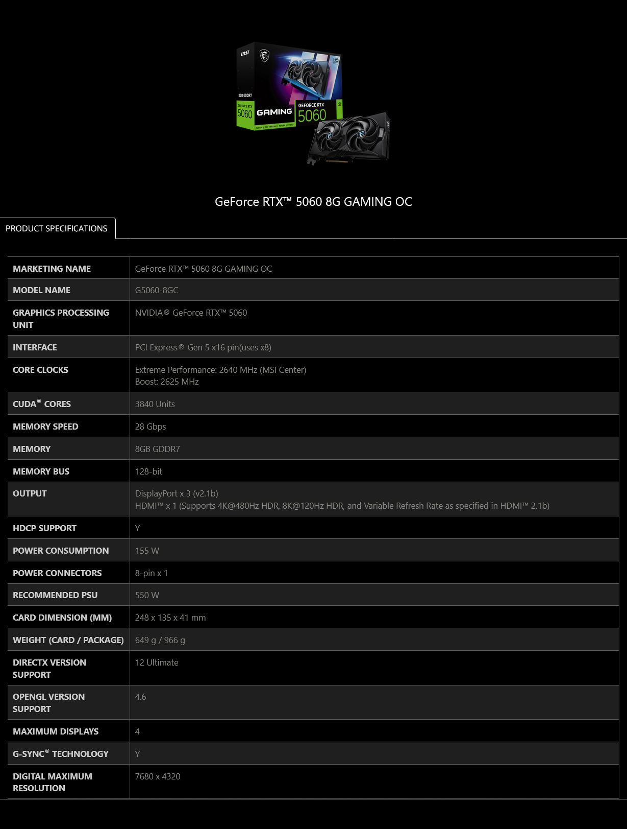MSI GeForce RTX 5060 GAMING OC 8GB Video Card