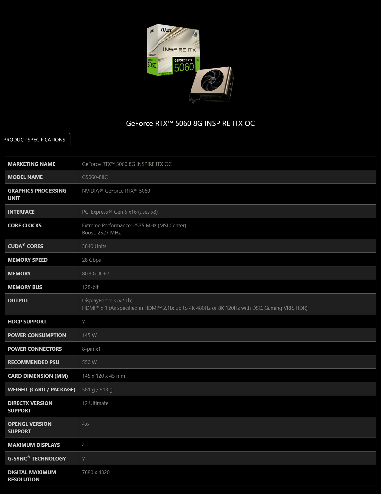 MSI GeForce RTX 5060 INSPIRE ITX OC 8GB Video Card