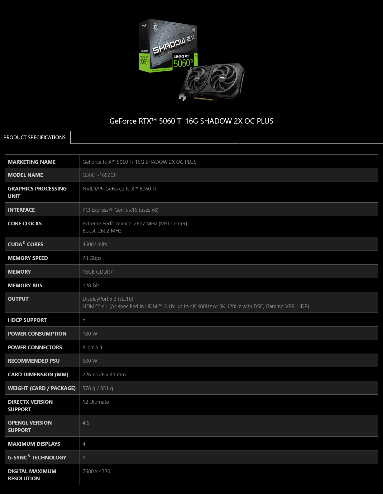 MSI GeForce RTX 5060 Ti 16G SHADOW 2X OC PLUS Video Card