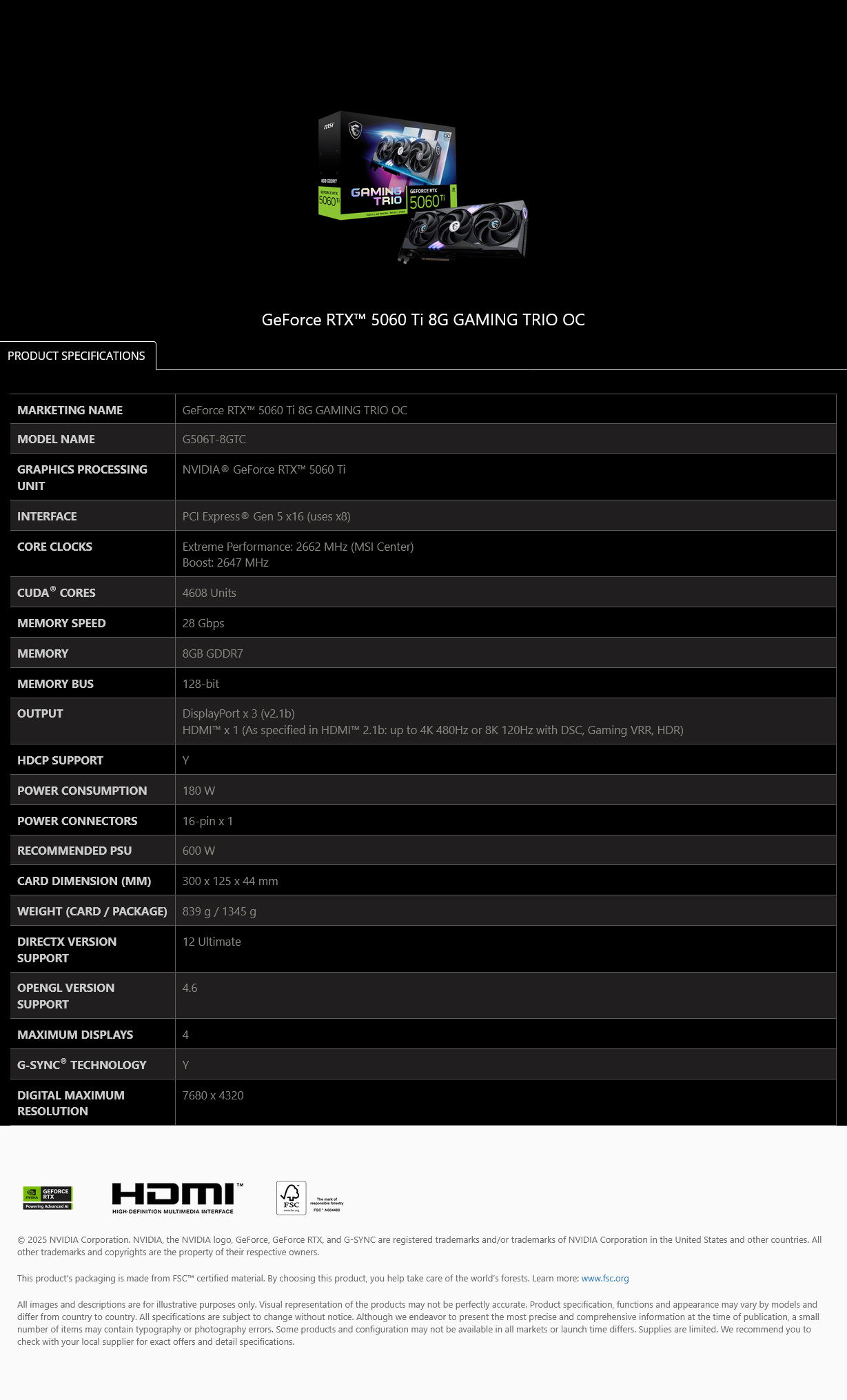 MSI GeForce RTX 5060 Ti GAMING TRIO OC 8GB GDDR7 Video Card