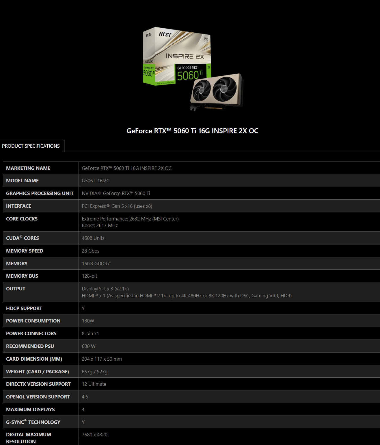 MSI GeForce RTX 5060 Ti INSPIRE 2X OC 16GB Video Card