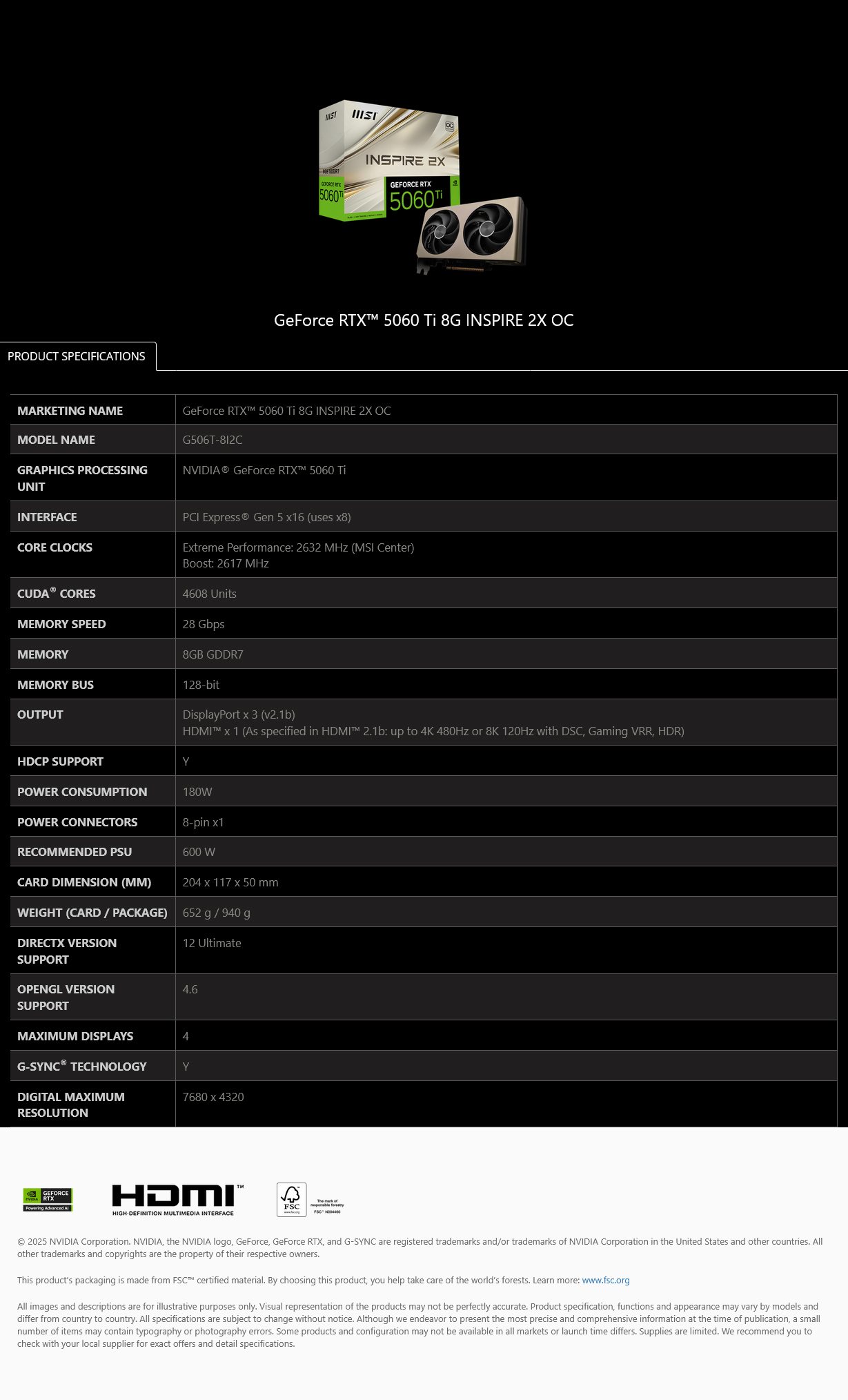 MSI GeForce RTX 5060 Ti INSPIRE 2X OC 8GB Video Card