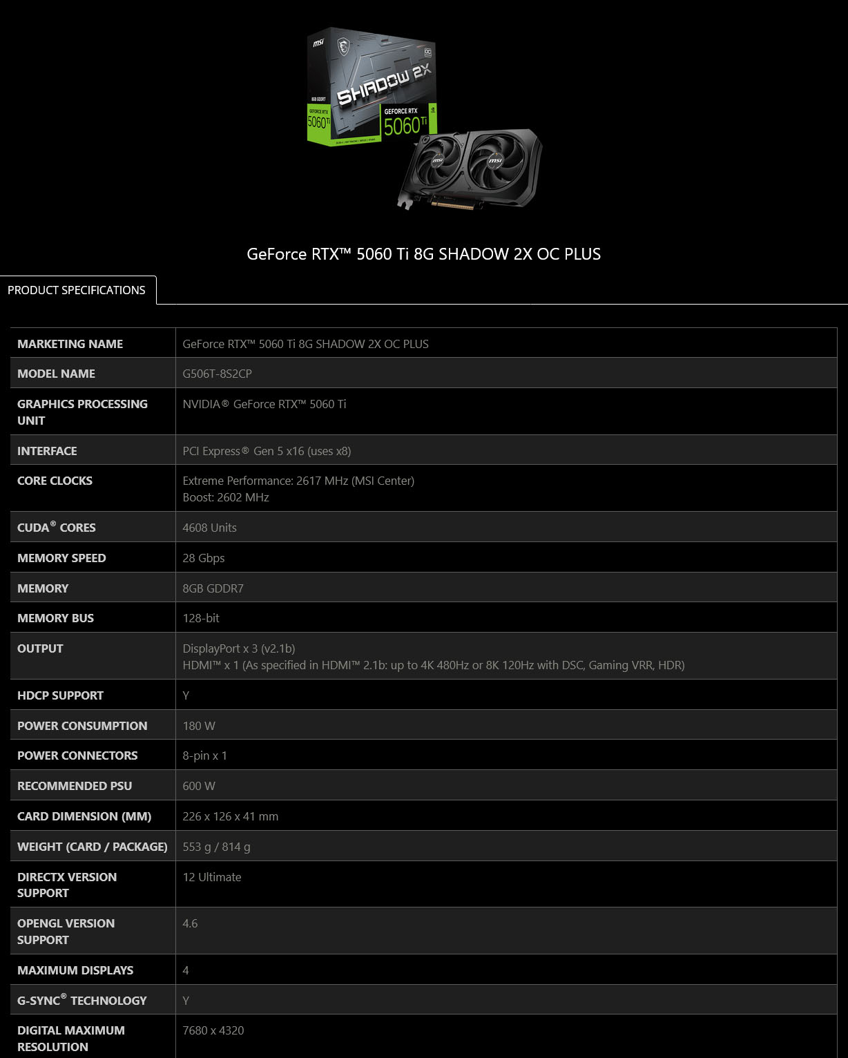 MSI GeForce RTX 5060 Ti SHADOW 2X OC PLUS 8GB Video Card