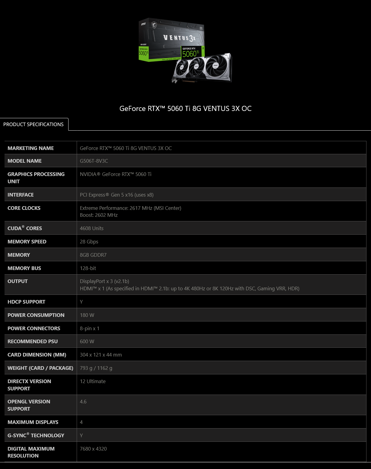 MSI GeForce RTX 5060 Ti VENTUS 3X OC 8GB Video Card