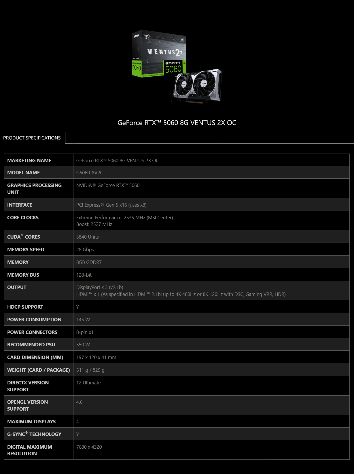 MSI GeForce RTX 5060 VENTUS 2X OC 8GB Video Card