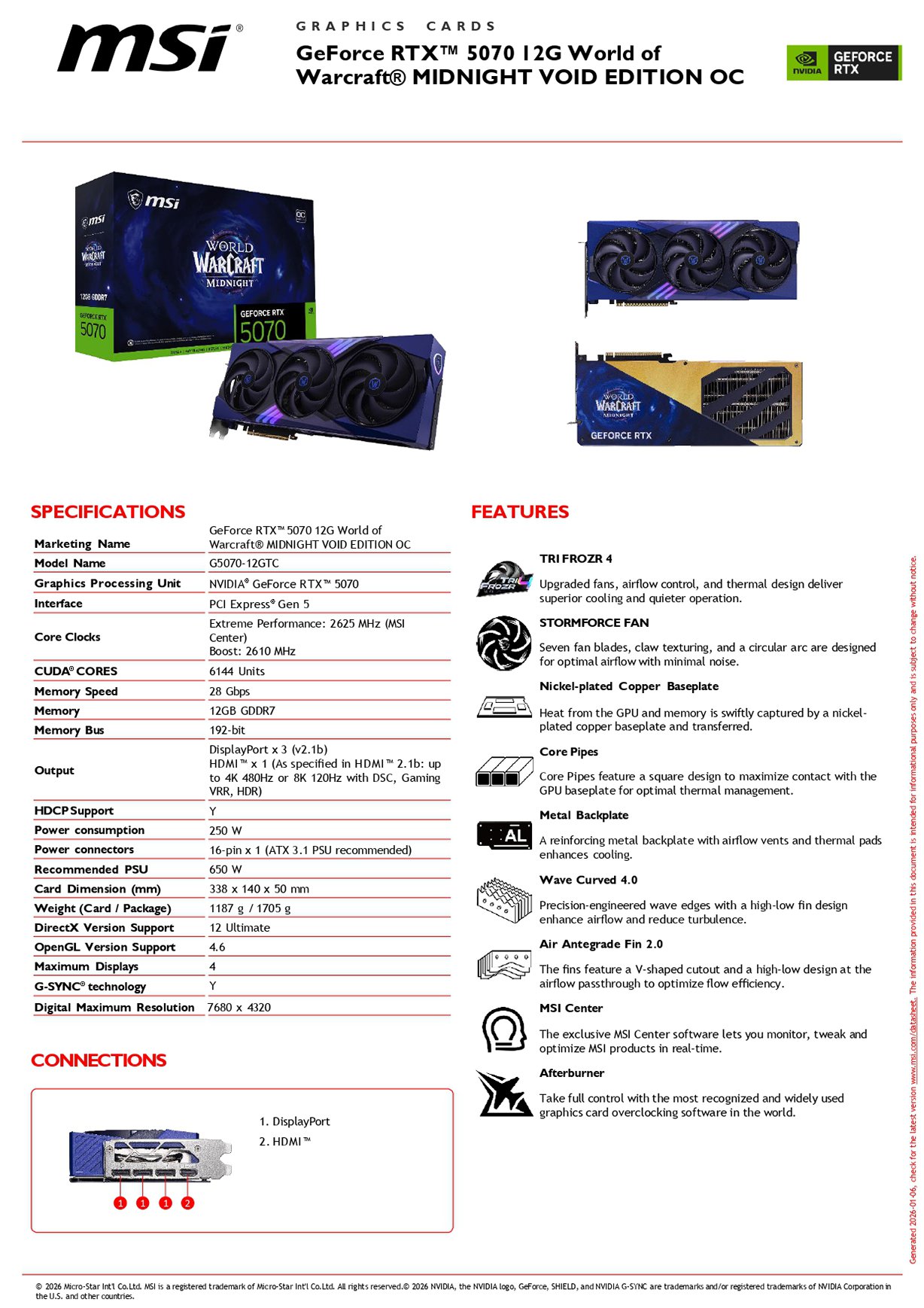 MSI GeForce RTX 5070 12G World of Warcraft MIDNIGHT VOID EDITION OC Video Card