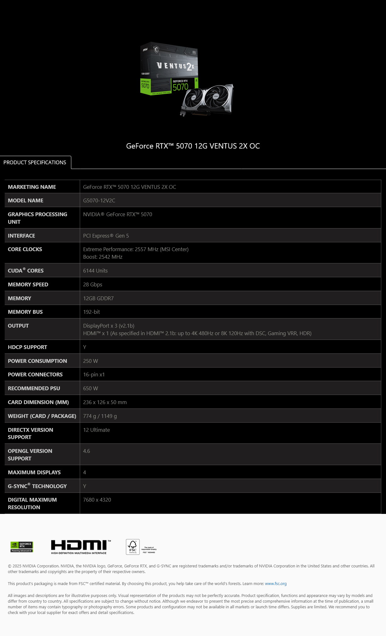 MSI GeForce RTX 5070 VENTUS 2X OC 12GB Video Card