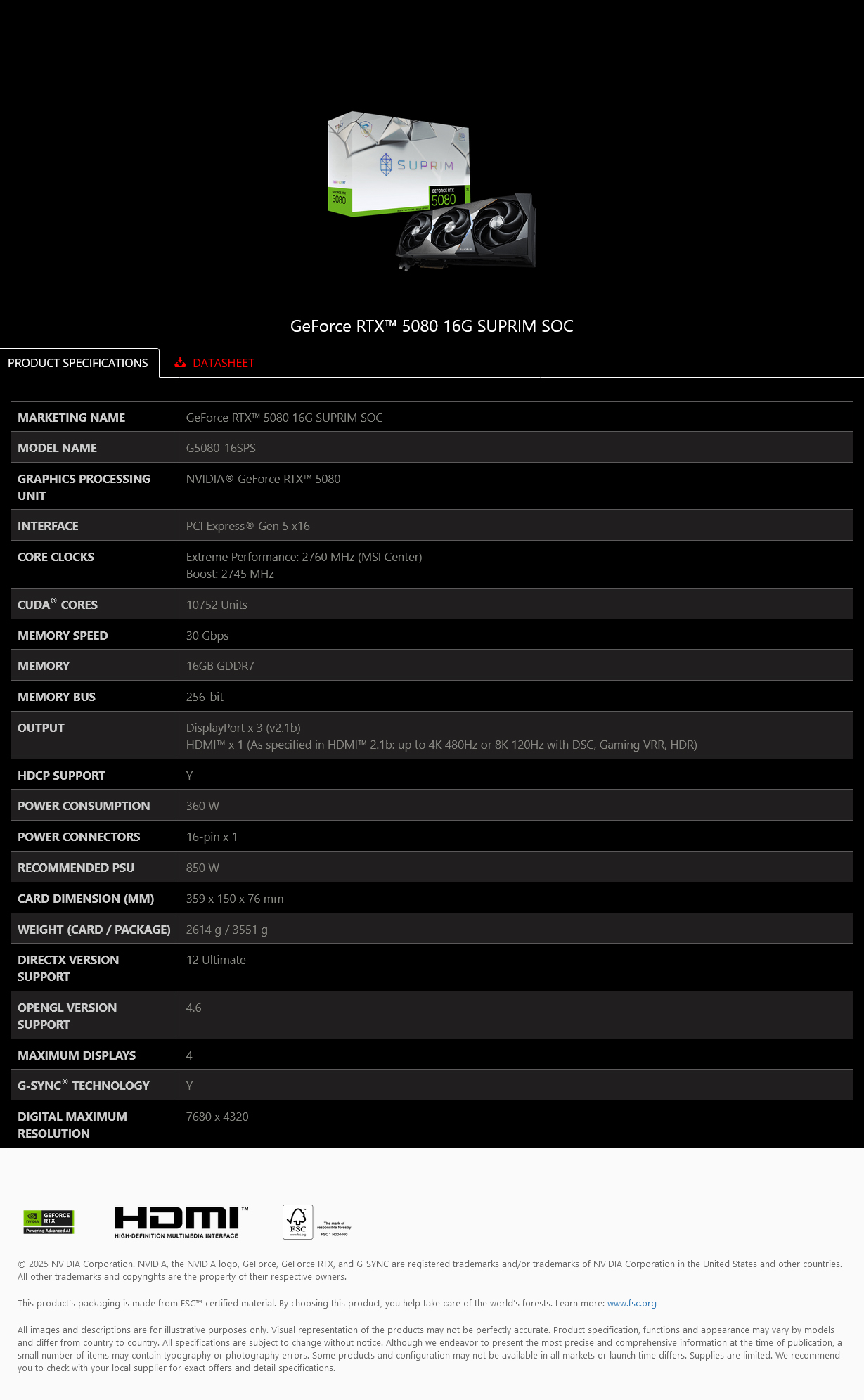 MSI GeForce RTX 5080 SUPRIM SOC 16GB Video Card