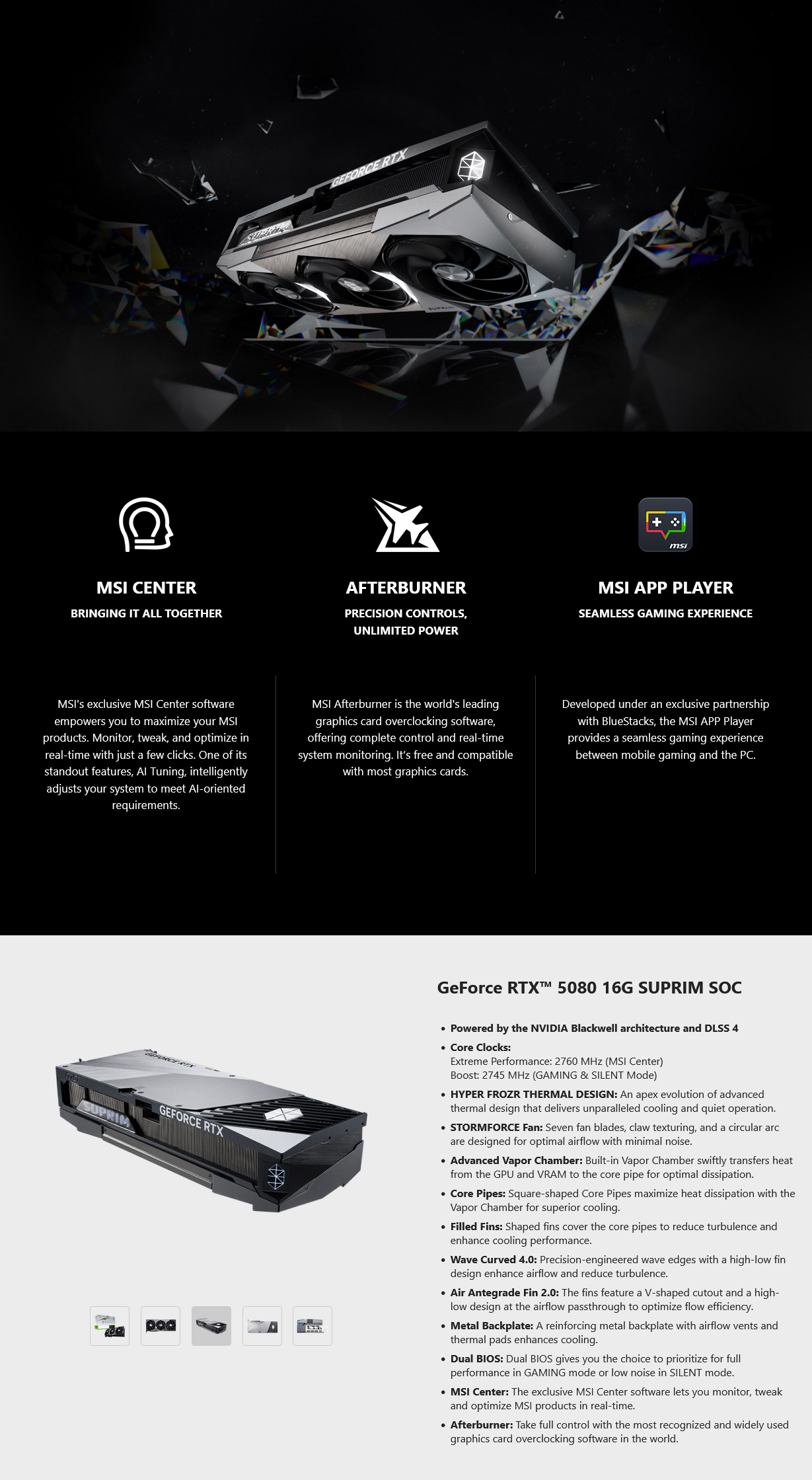 MSI GeForce RTX 5080 SUPRIM SOC 16GB Video Card