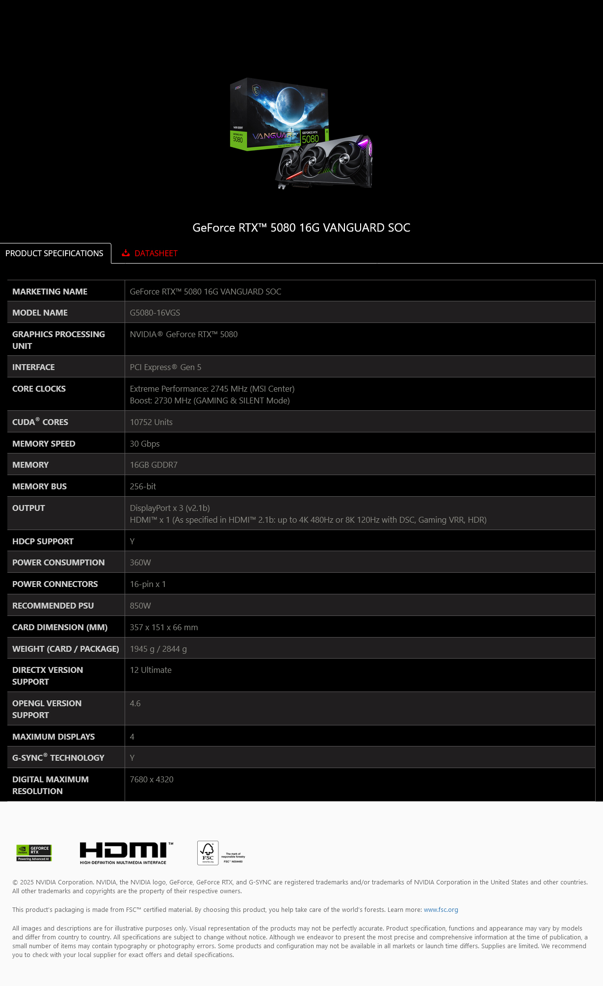 MSI GeForce RTX 5080 VANGUARD SOC 16GB Video Card