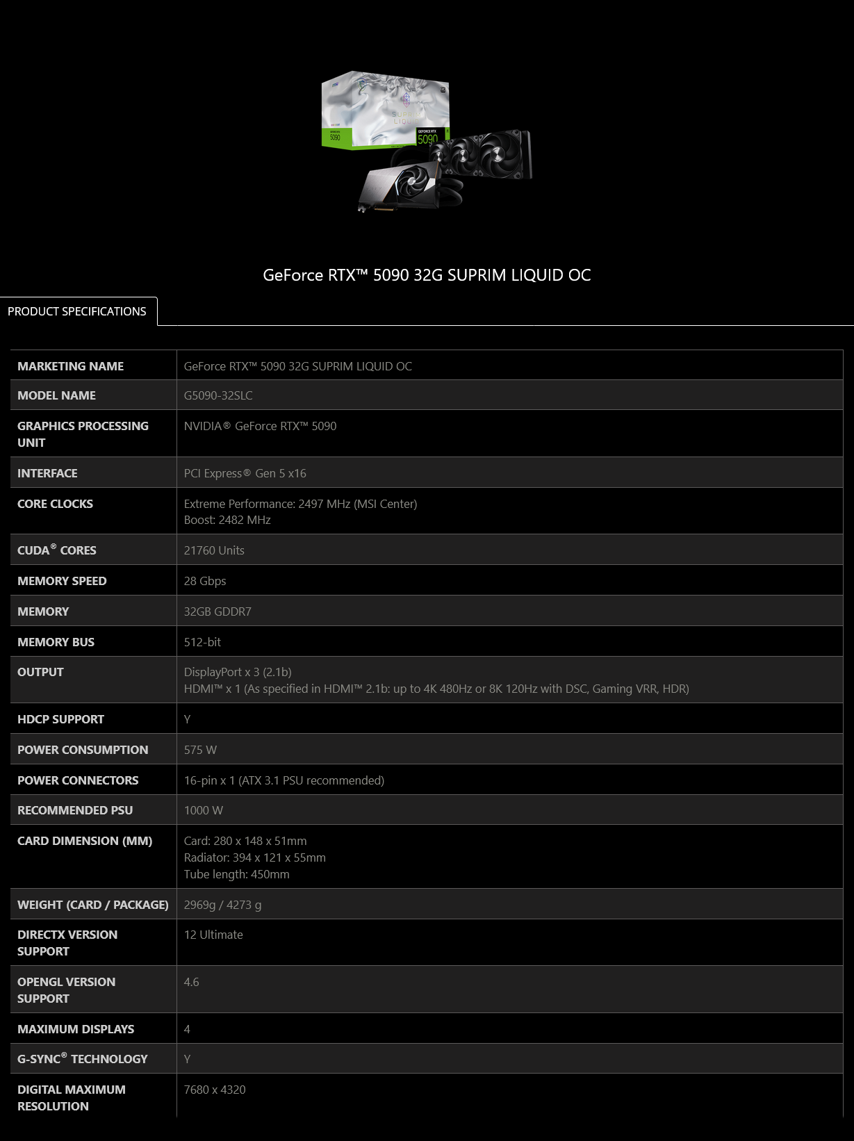 MSI GeForce RTX 5090 SUPRIM LIQUID OC 32GB Video Card