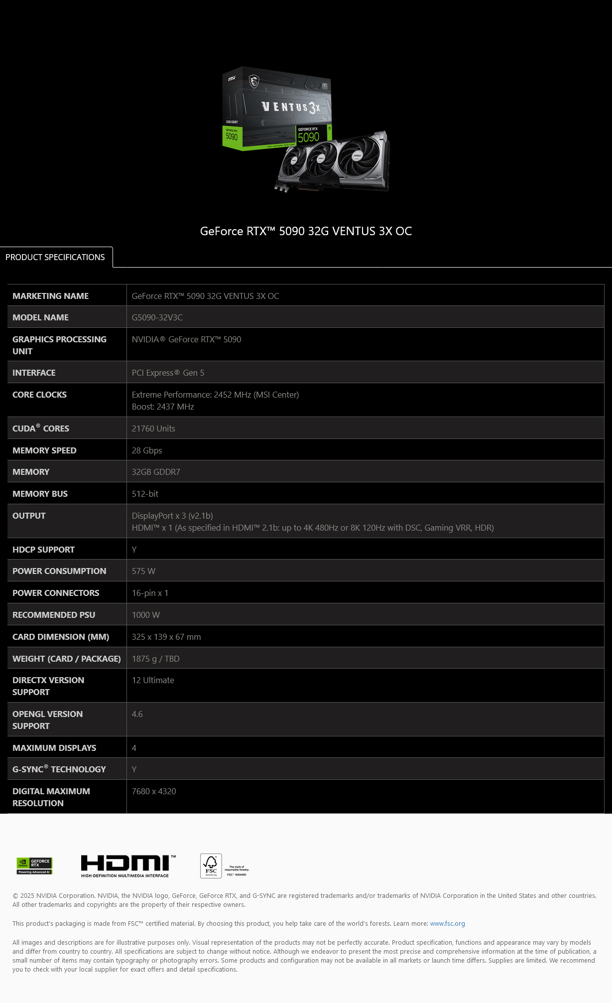 MSI GeForce RTX 5090 VENTUS 3X OC 32GB Video Card