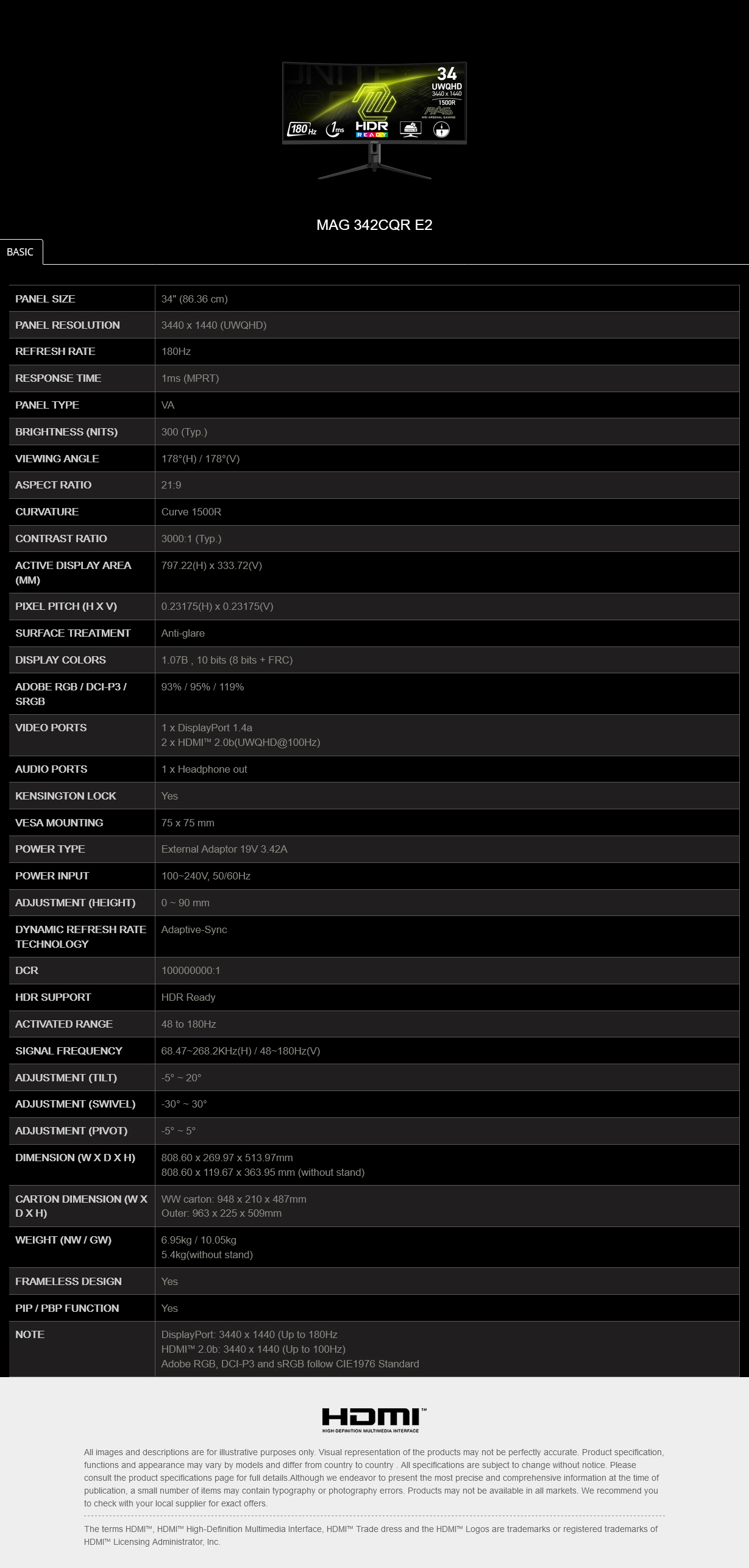 MSI MAG 342CQR E2 34" 180Hz UWQHD 1ms Adaptive Sync Curved Gaming Monitor