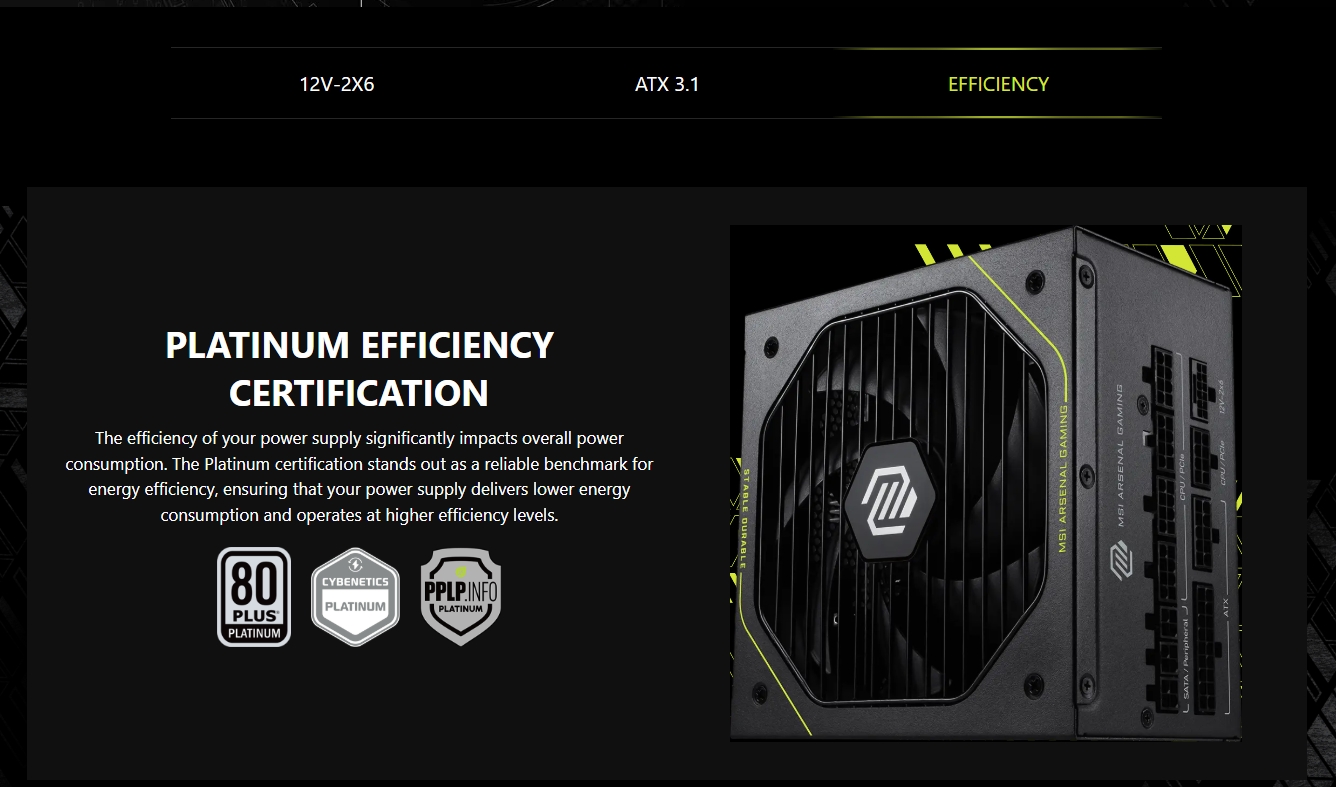 MSI MAG A1000PLS PCIE5 1000W 80 PLUS Platinum PCIe 5.1 ATX 3.1 Fully Modular Power Supply