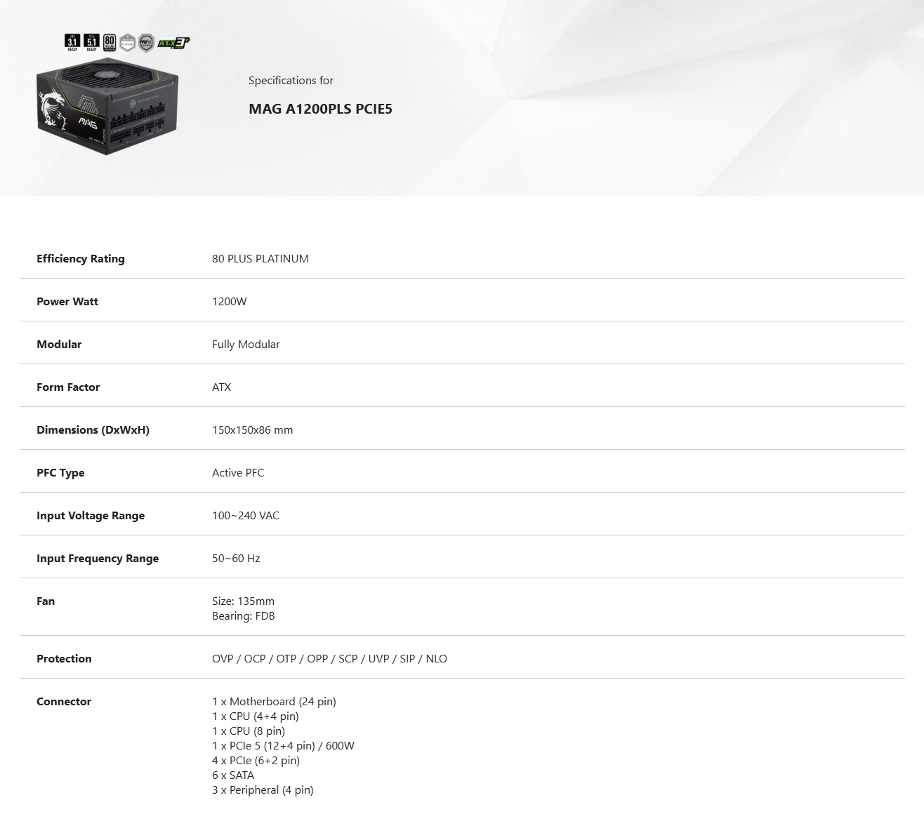 MSI MAG A1200PLS PCIE5 1200W 80 PLUS Platinum PCIe 5.1 ATX 3.1 Fully Modular Power Supply