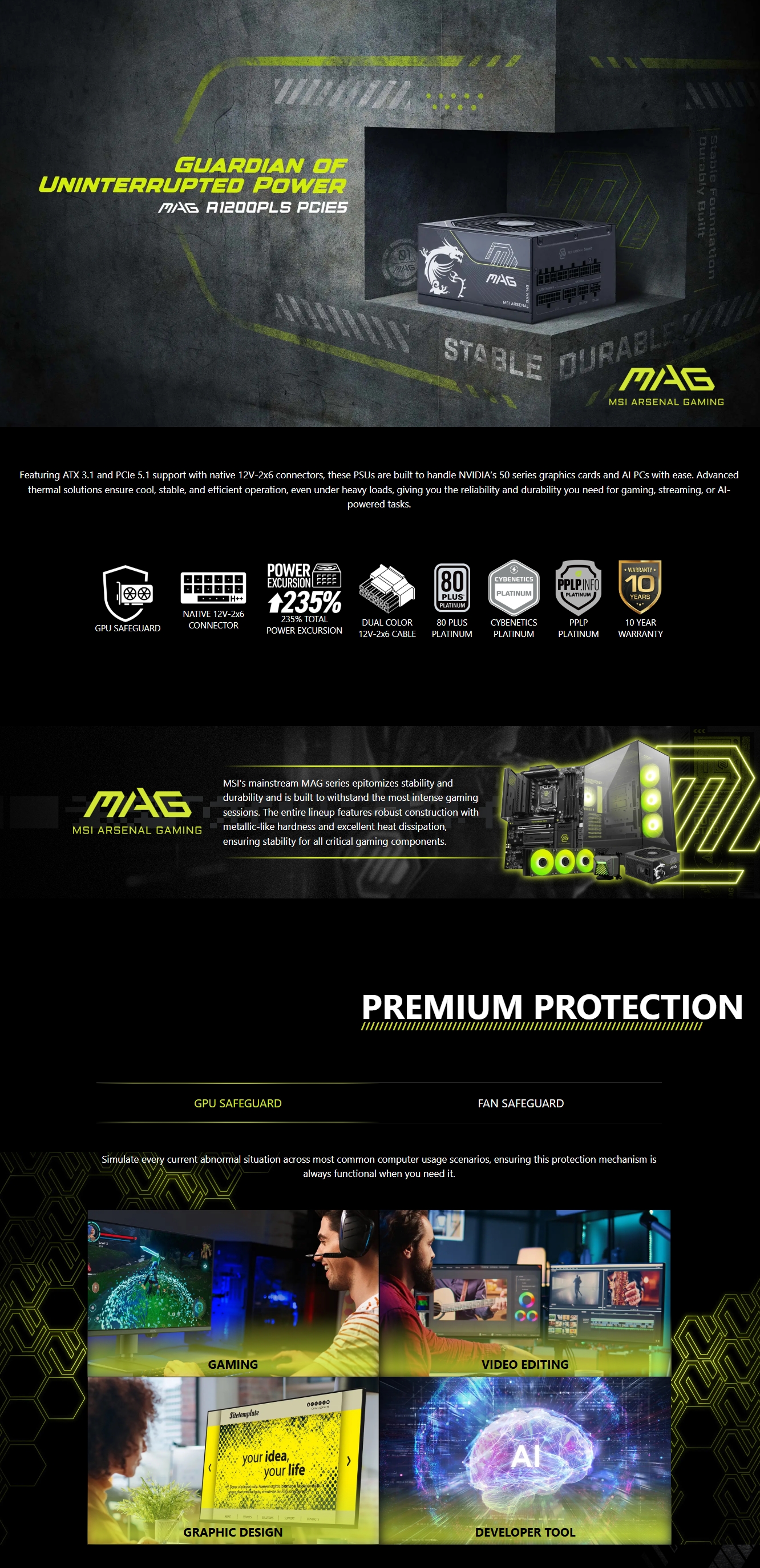 MSI MAG A1200PLS PCIE5 1200W 80 PLUS Platinum PCIe 5.1 ATX 3.1 Fully Modular Power Supply