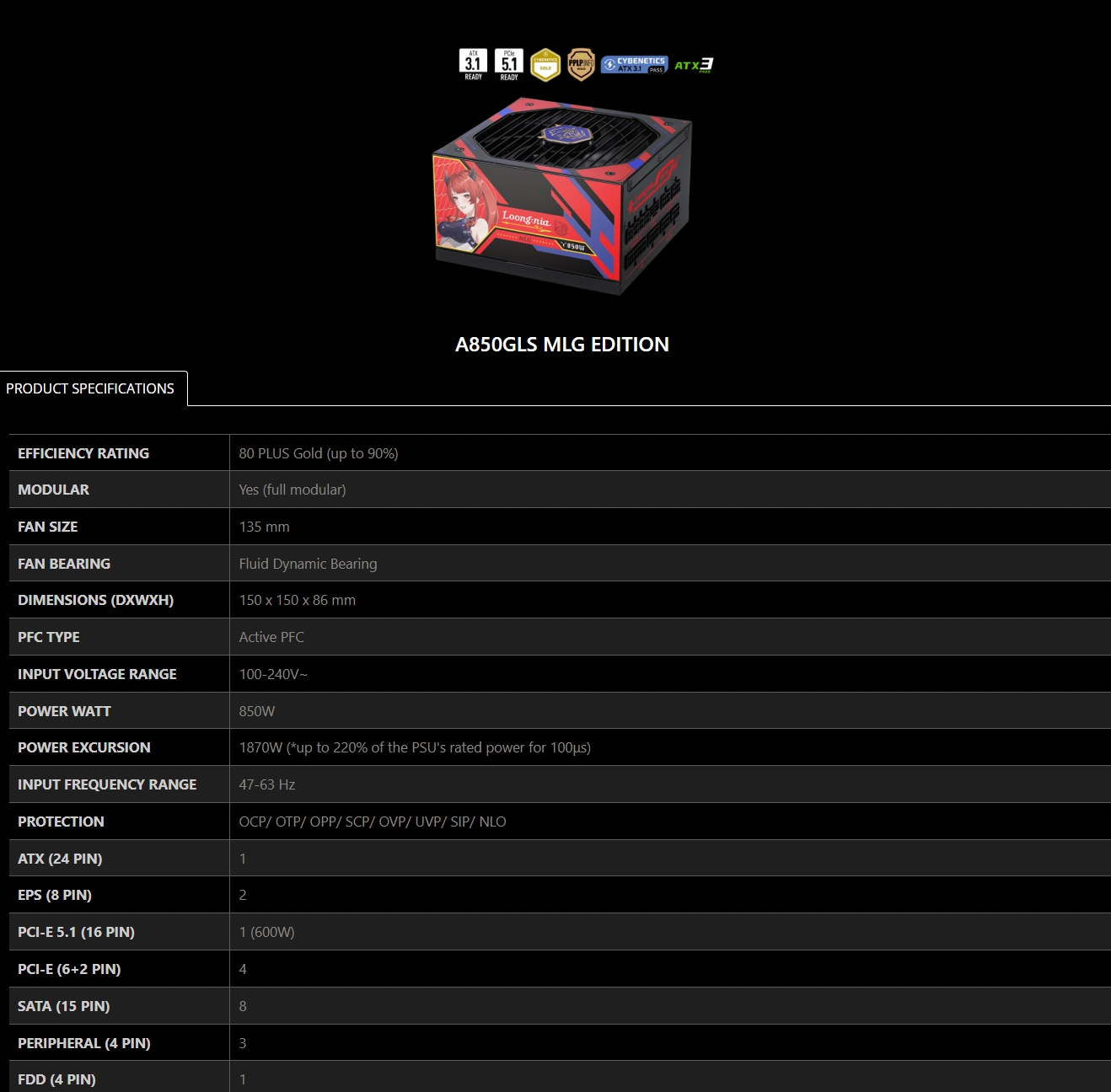 MSI MAG A850GLS MLG EDITION 850W 80 PLUS Gold PCIe 5.1 ATX 3.1 Fully Modular Power Supply