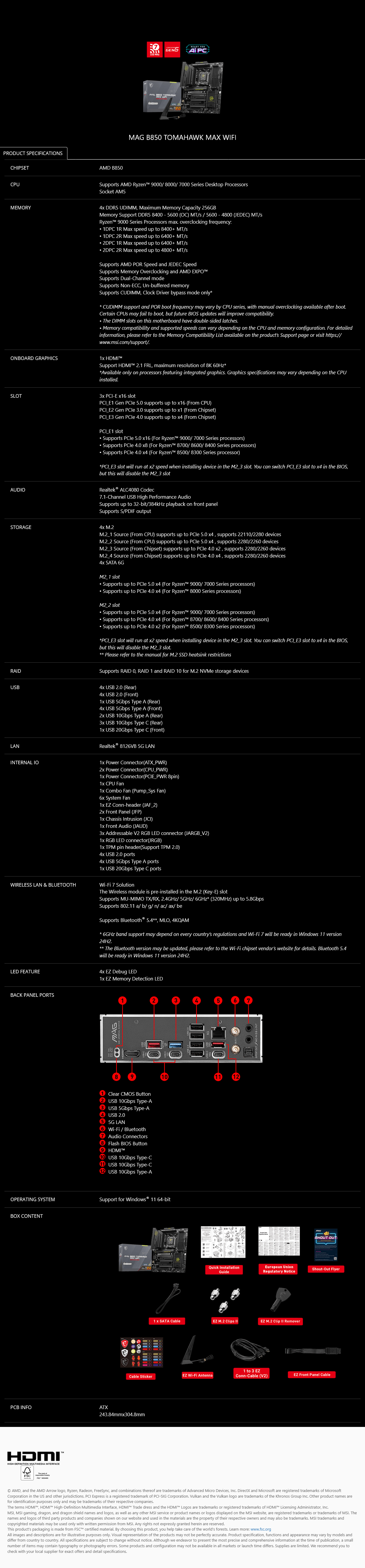 MSI MAG B850 TOMAHAWK MAX WIFI AM5 ATX Motherboard