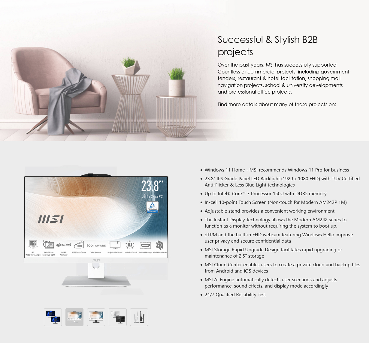 MSI Modern AM242TP 23.8" AIO PC Core 5 120U 8GB 512GB W11P Touch - White