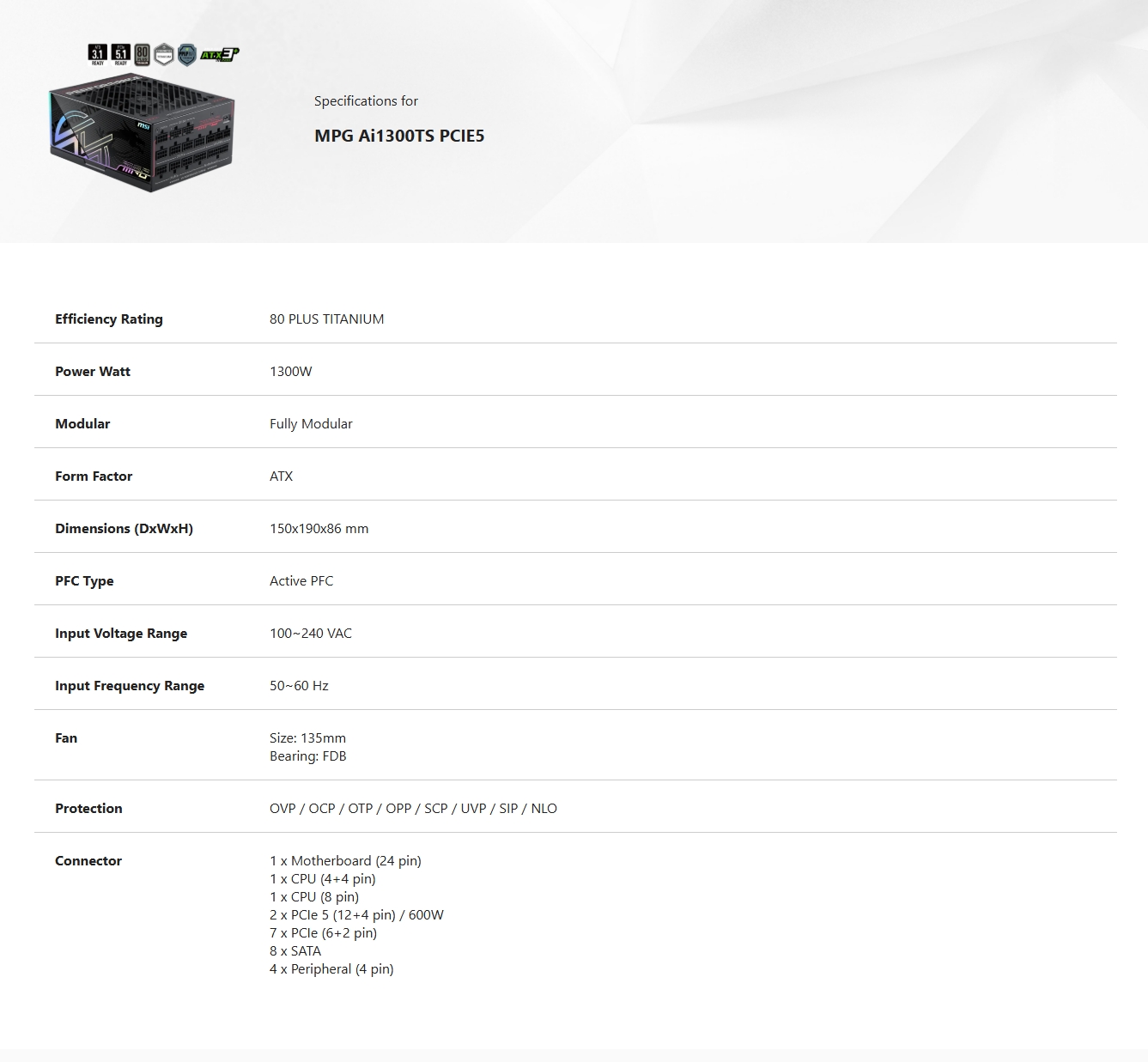 MSI MPG Ai1300TS PCIE5 1300W 80 PLUS Titanium PCIe 5.1 ATX 3.1 Fully Modular Power Supply