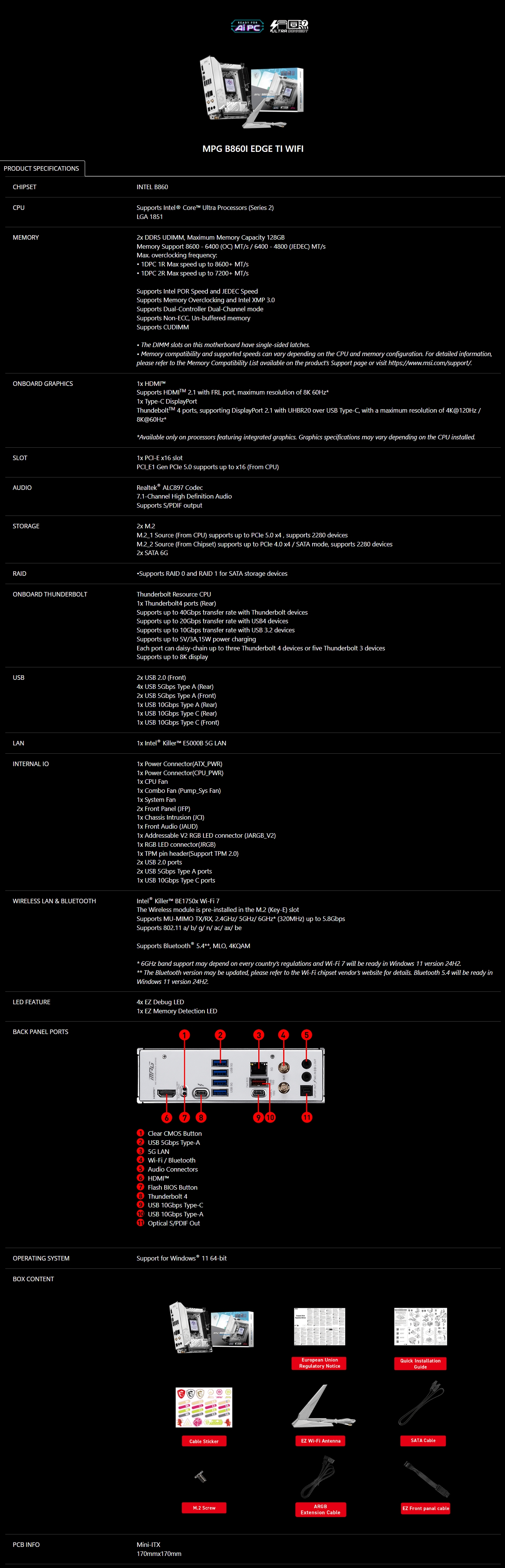 MSI MPG B860I EDGE TI WIFI AM5 Mini-ITX Motherboard