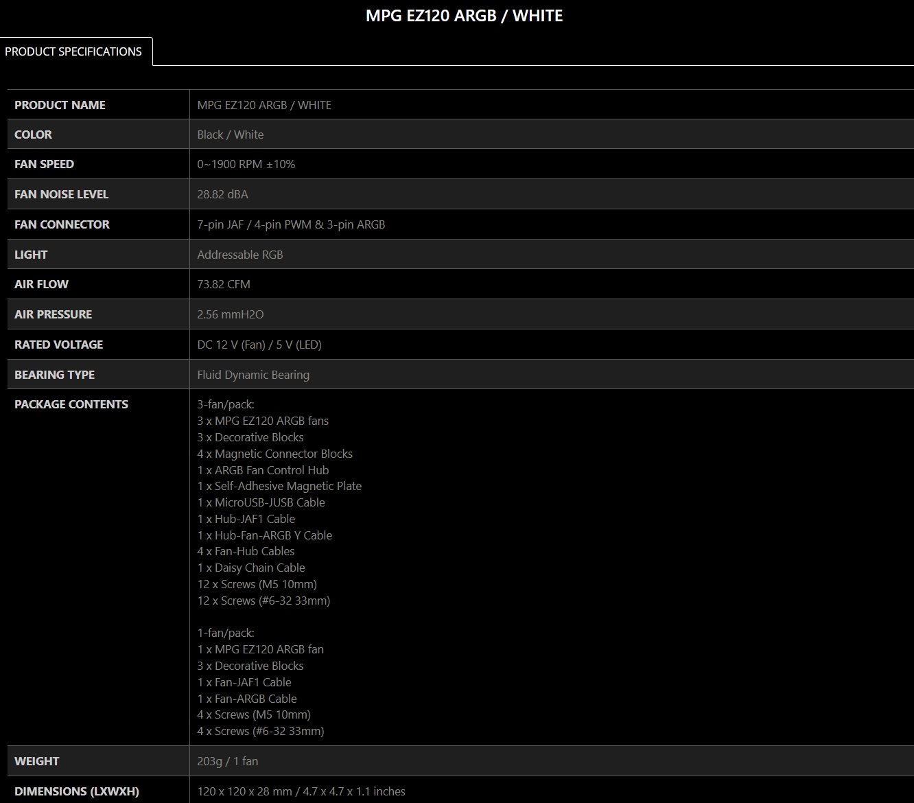 MSI MPG EZ120 ARGB 120mm Black Fan
