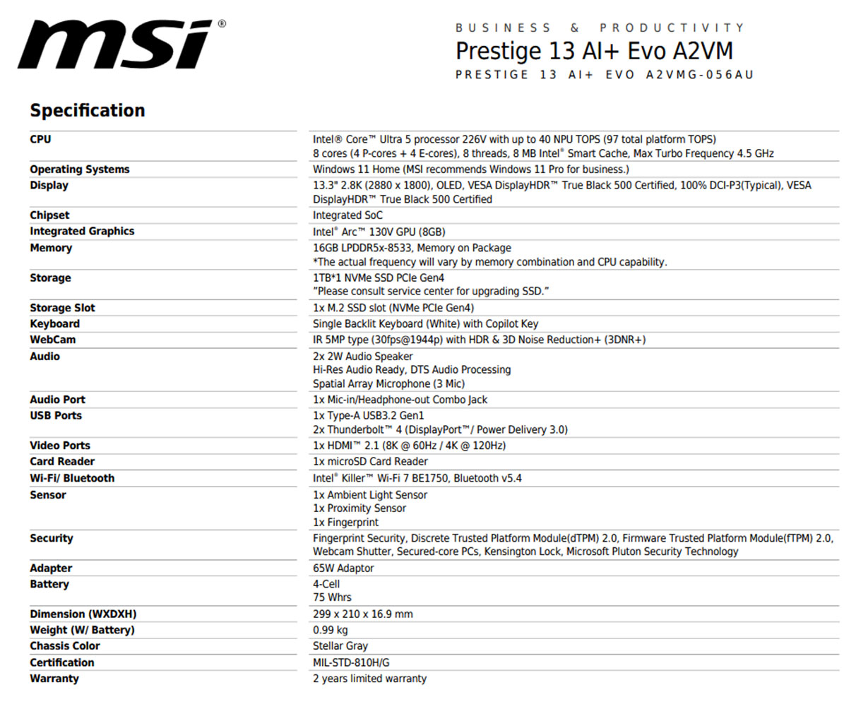 MSI Prestige 13 AI+ Evo 13.3