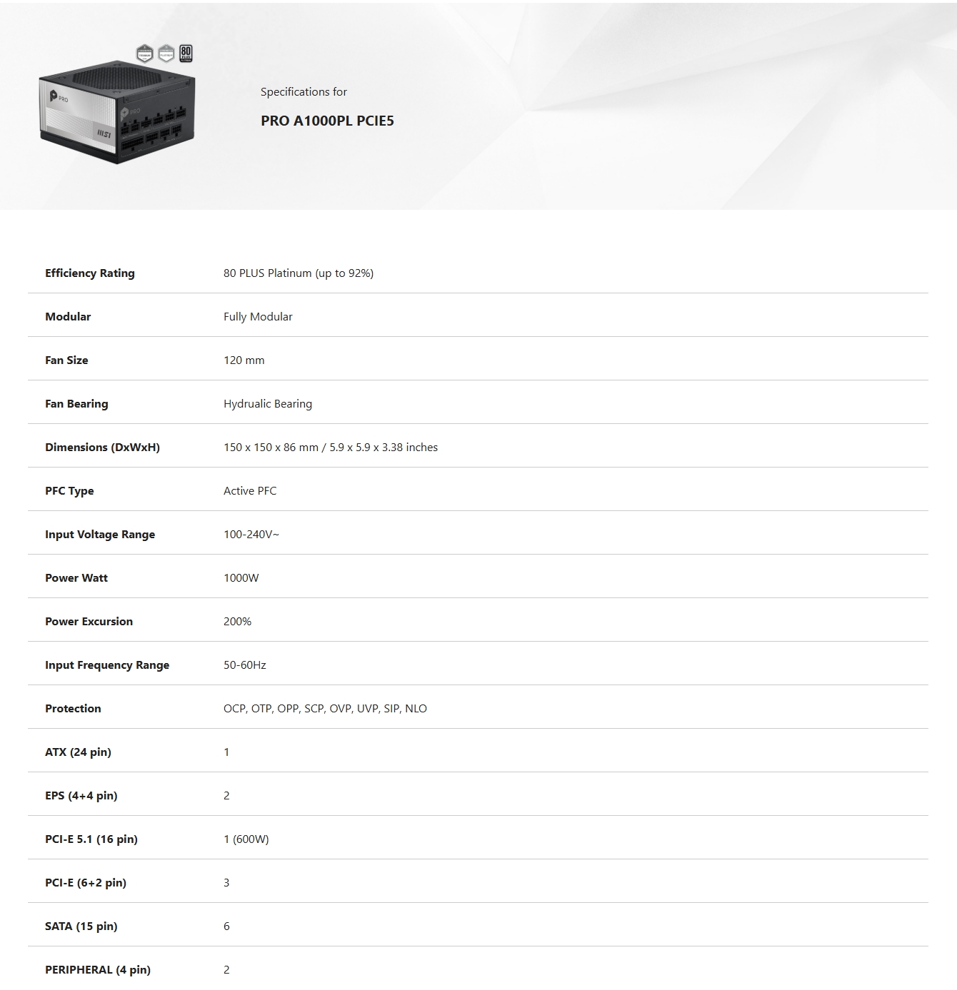 MSI PRO A1000PL PCIE5 1000W 80+ Platinum PCIe 5.1 ATX 3.1 Fully Modular Power Supply