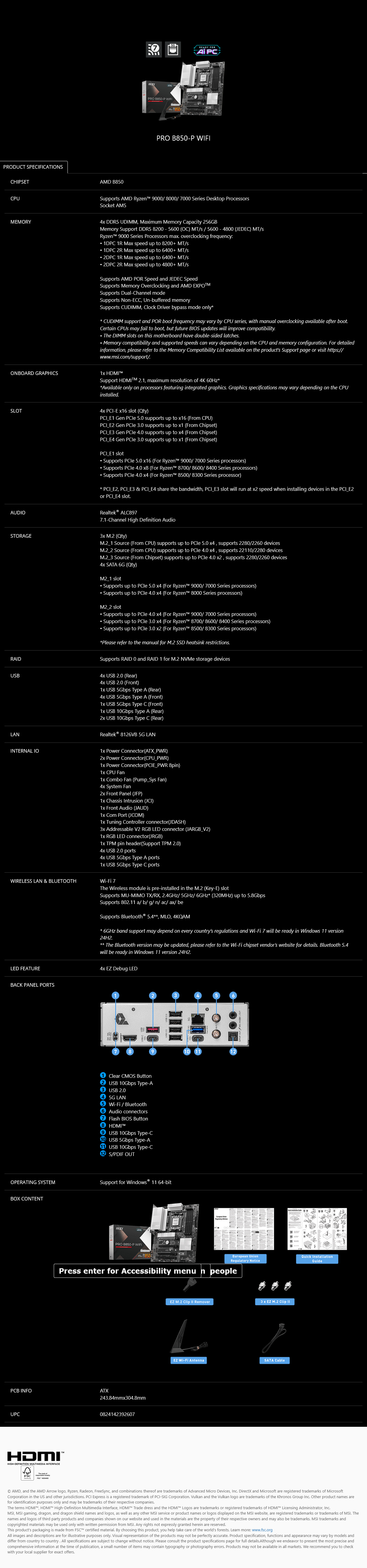 MSI PRO B850-P WIFI AM5 ATX Motherboard