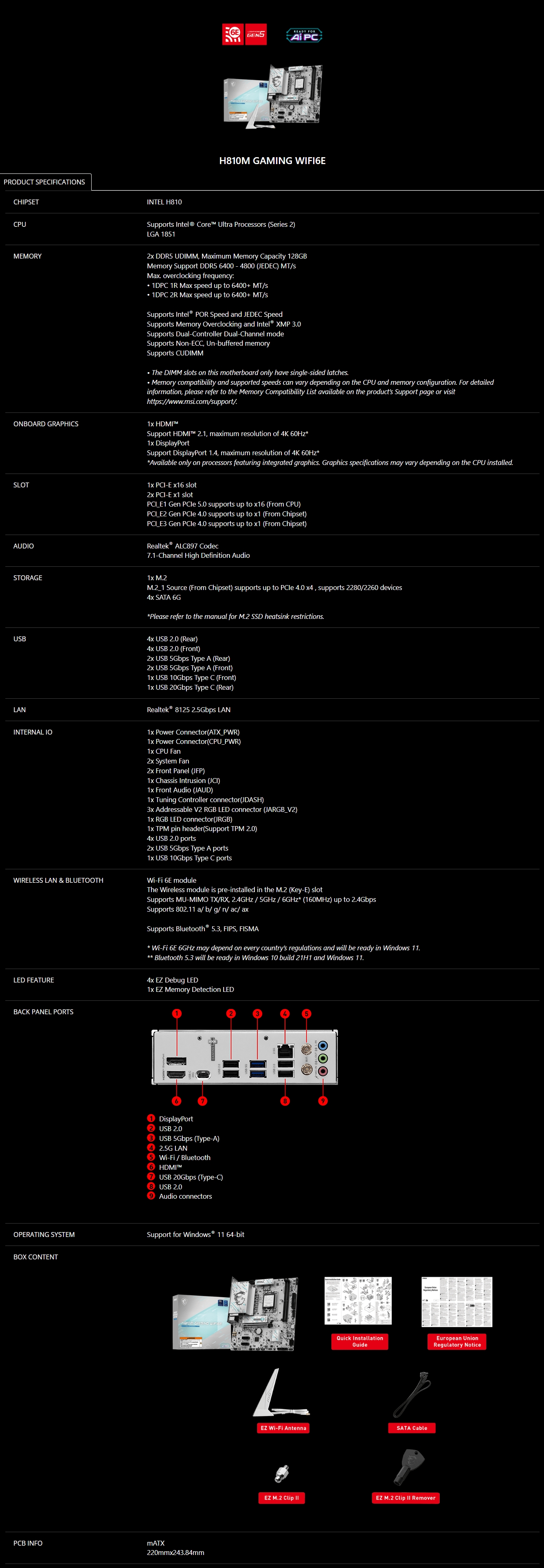 MSI PRO H810M-GAMING WIFI6Em-ATX Motherboard