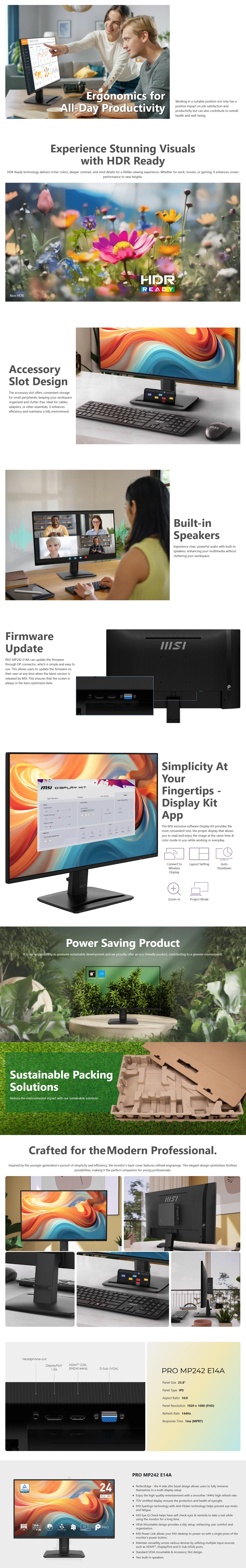 MSI PRO MP242 E14A 23.8" 144Hz FHD 1ms Adaptive Sync IPS Business Monitor