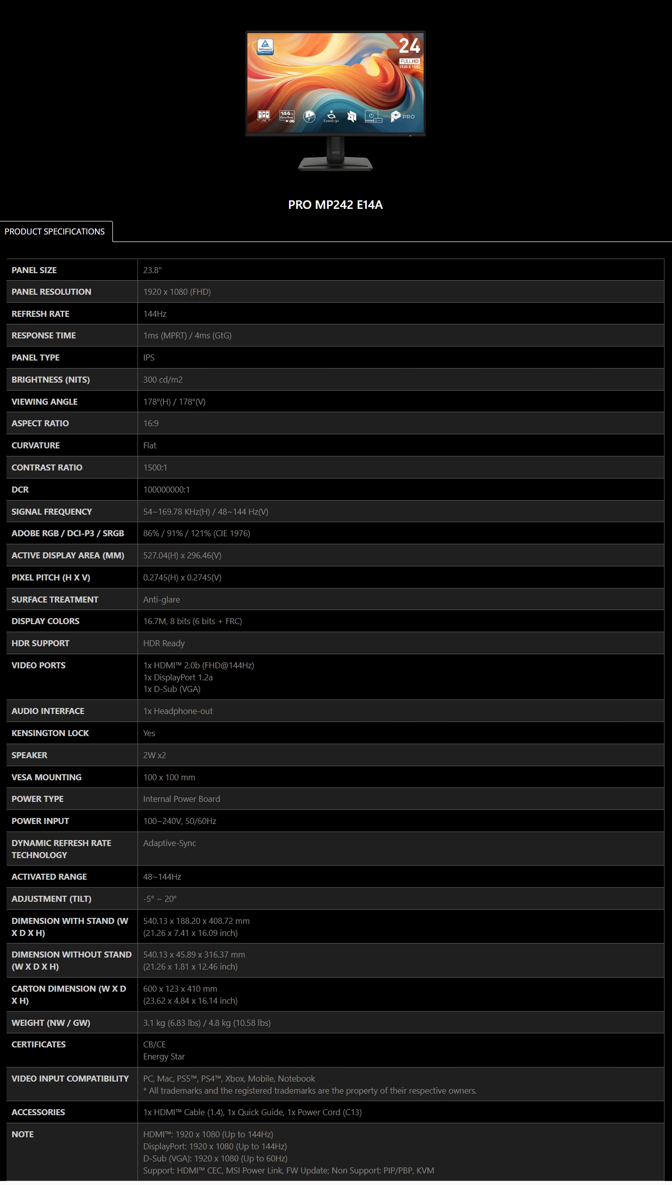 MSI PRO MP242 E14A 23.8" 144Hz FHD 1ms Adaptive Sync IPS Business Monitor