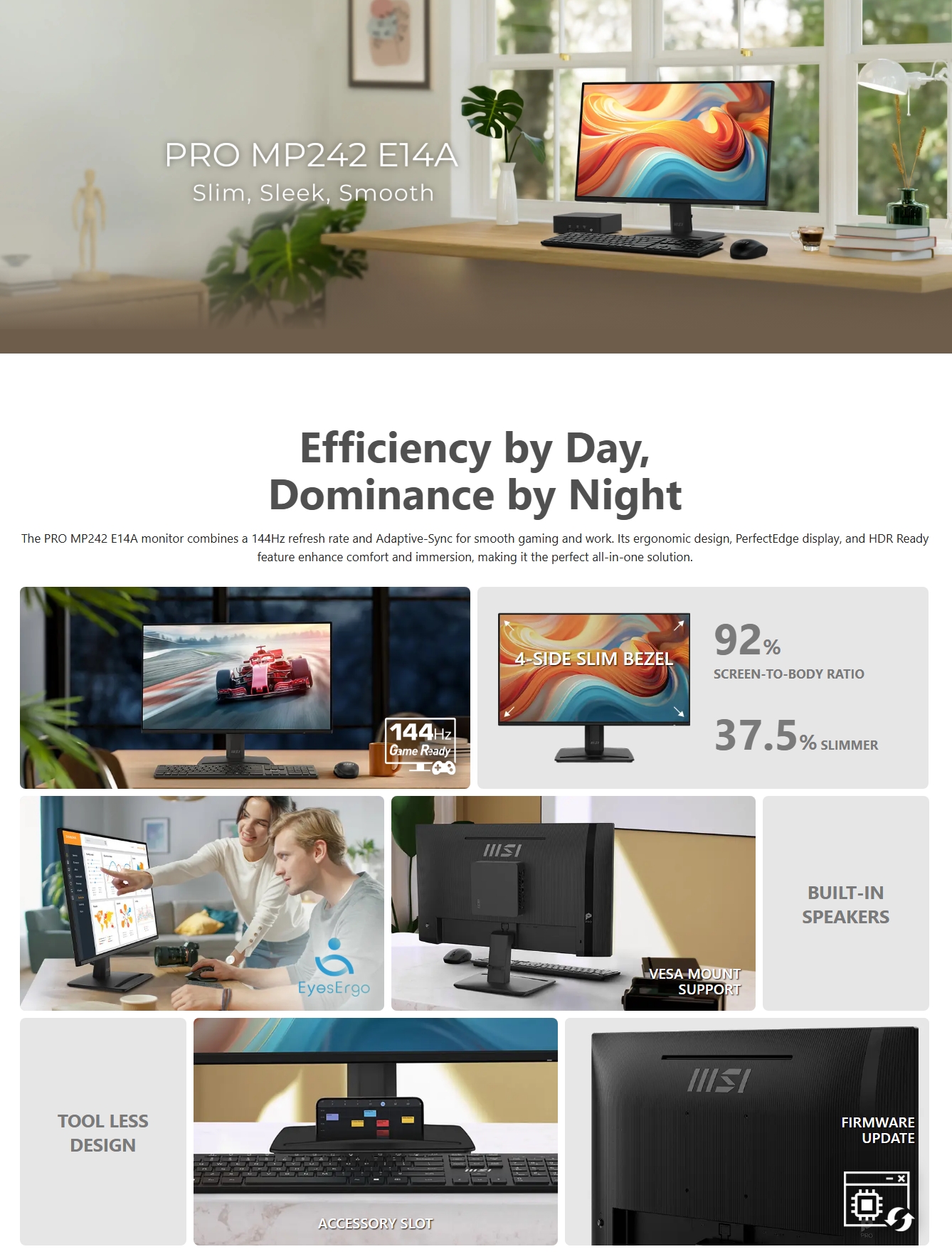 MSI PRO MP242 E14A 23.8" 144Hz FHD 1ms Adaptive Sync IPS Business Monitor