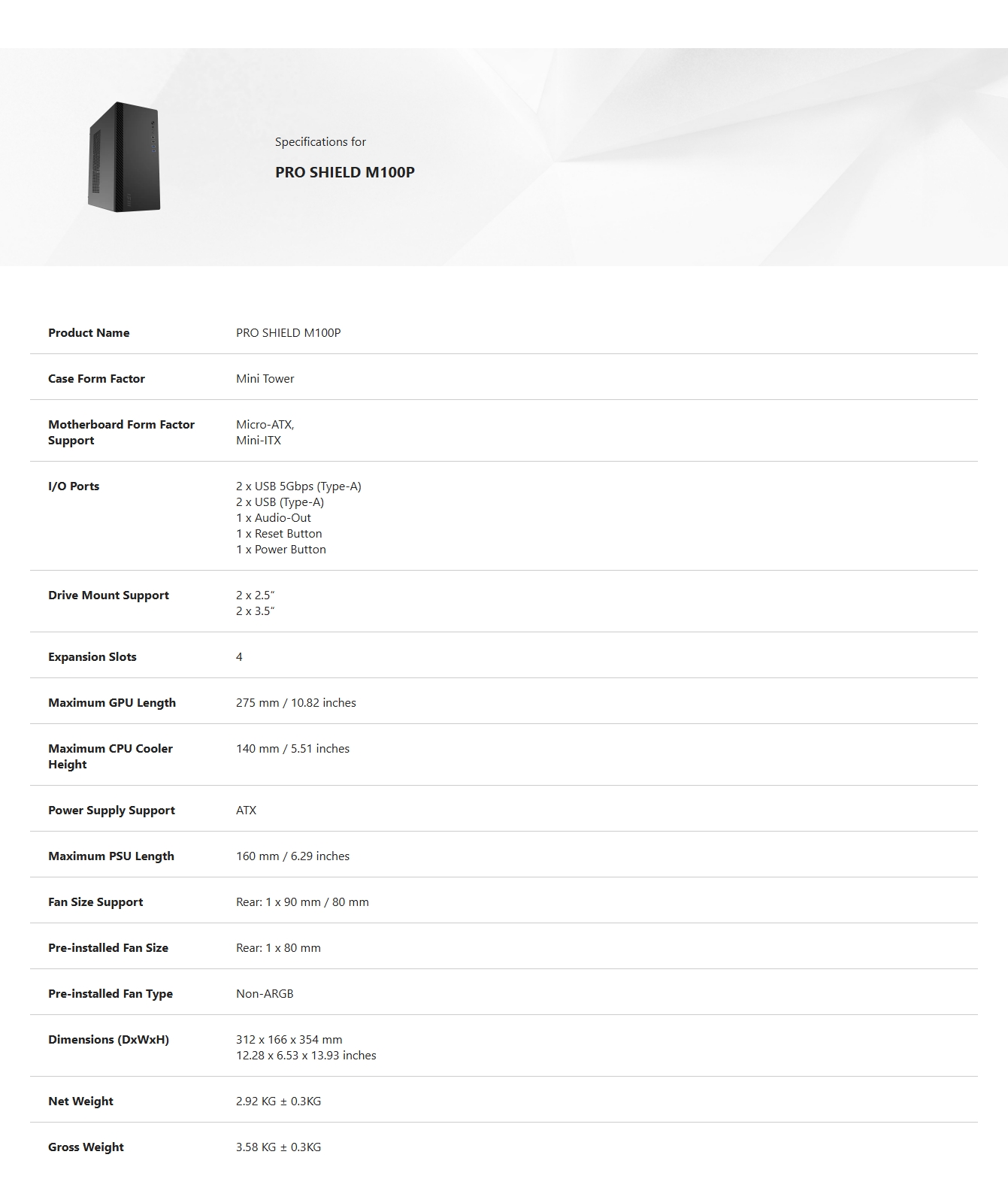 MSI PRO SHIELD M100P Micro-ATX Mini Tower Case