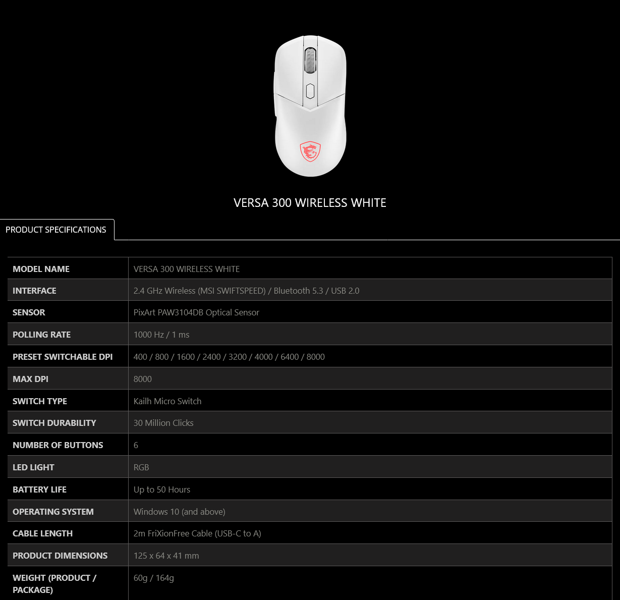 MSI VERSA 300 Wireless Optical Gaming Mouse - White