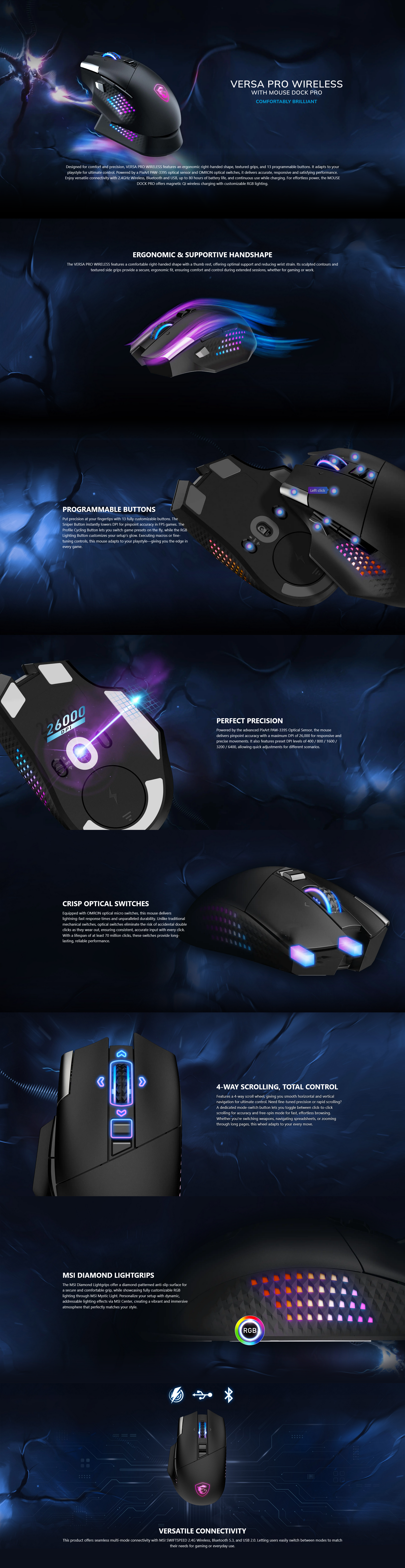 MSI VERSA PRO Wireless RGB Optical Gaming Mouse with Mouse Dock