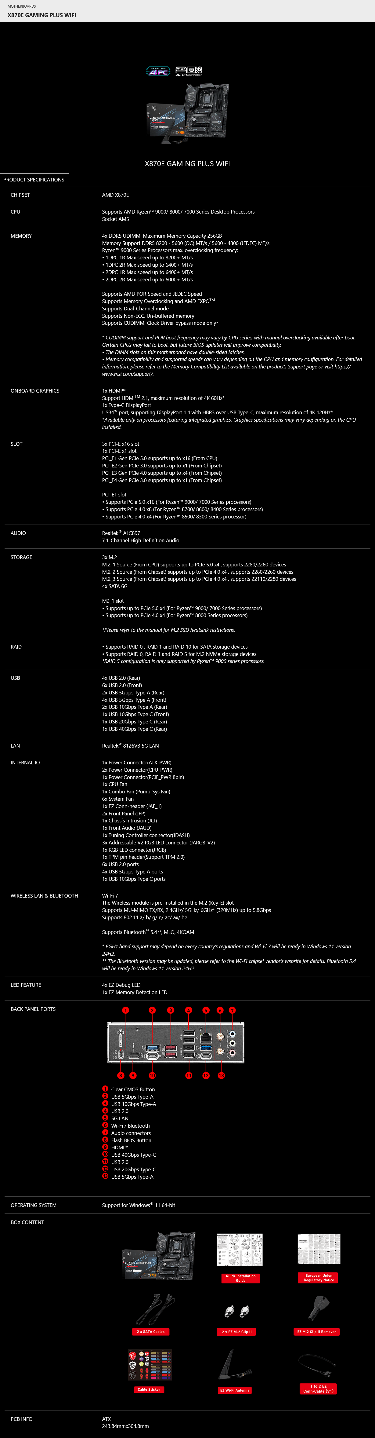 MSI X870E GAMING PLUS WIFI AM5 ATX Motherboard