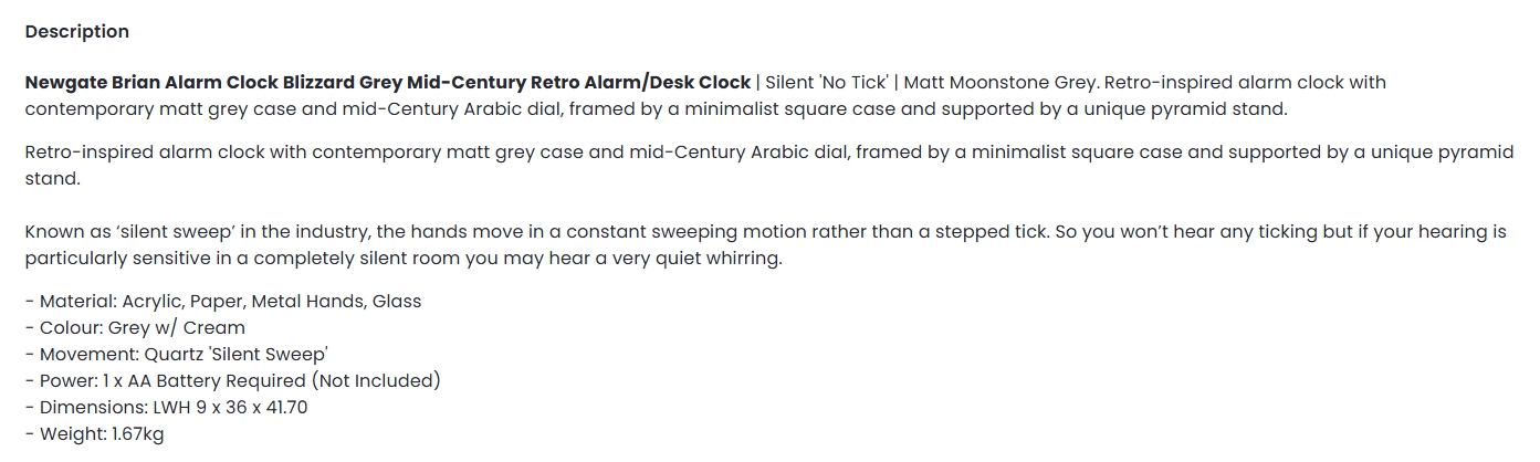 Newgate Brian Alarm Clock - Blizzard Grey