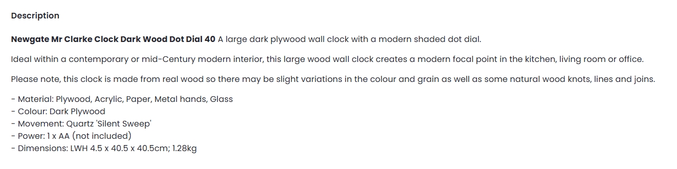 Newgate Mr Clarke Clock - Dark Wood Dot Dial 40