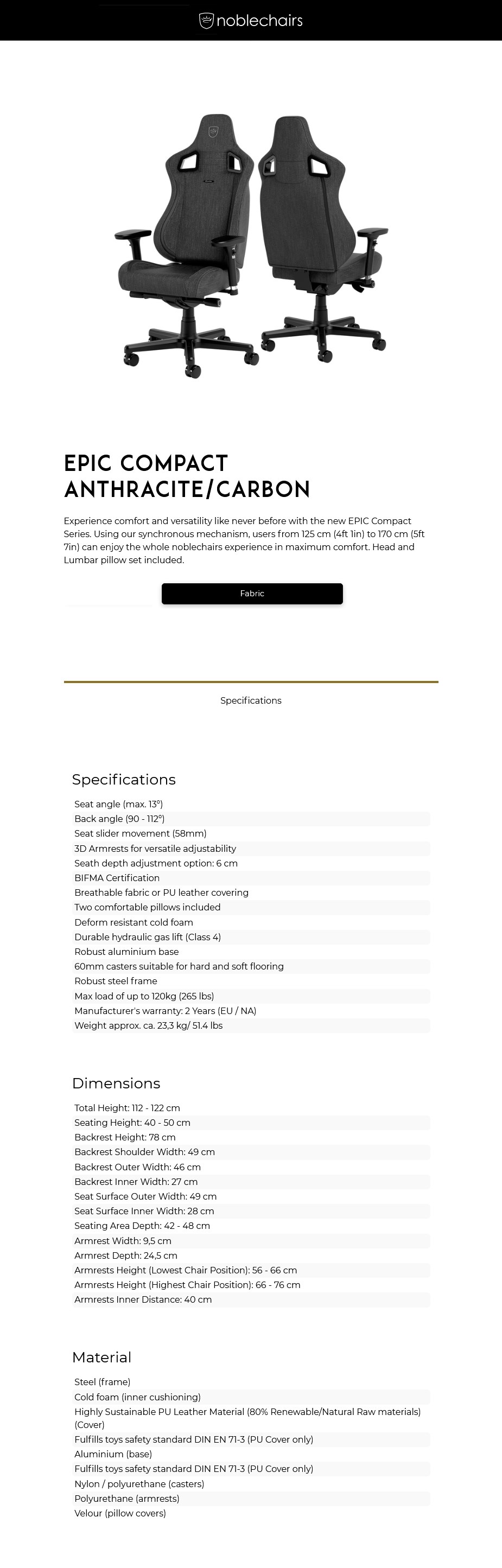 noblechairs EPIC Compact TX Gaming Chair Anthracite/Carbon Overview 1