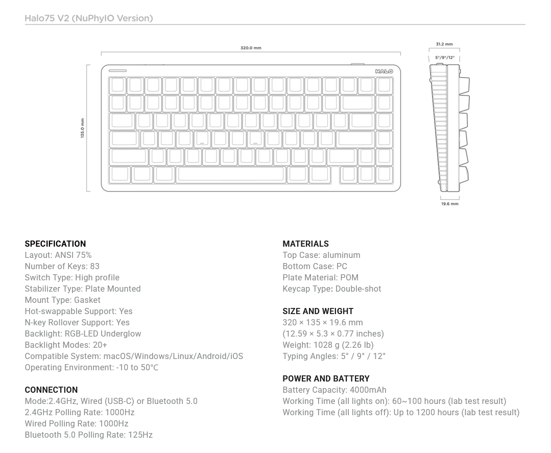 NuPhy Halo75 V2 Hot-Swappable RGB Black Wireless Mechanical Keyboard - Red Max Switch