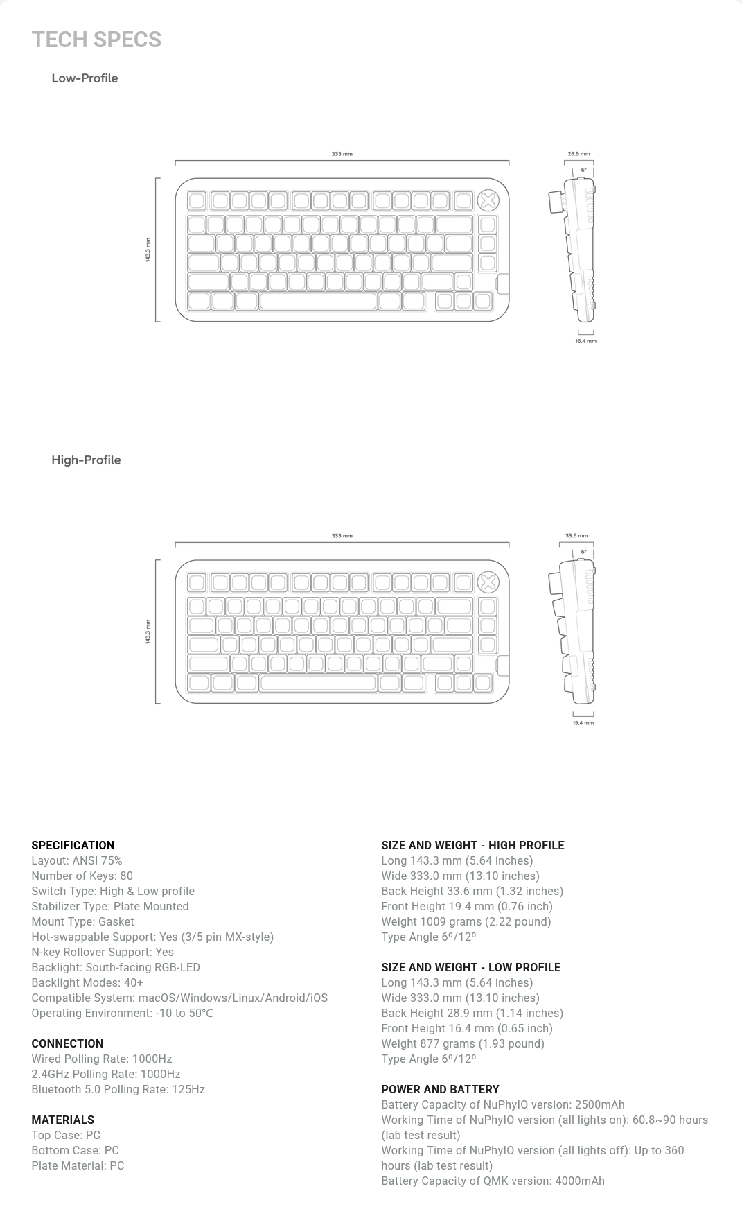 NuPhy Kick75 Hybrid-Profile Wireless High-Profile Mechanical Keyboard - Brown Max Switch