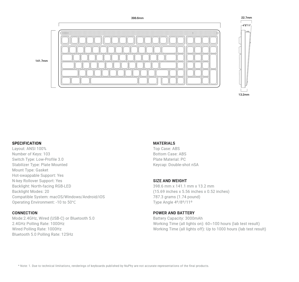 NuPhy Node100 Low-Profile Wireless Mechanical Keyboard - Ink Gray - Blush Nano Switch