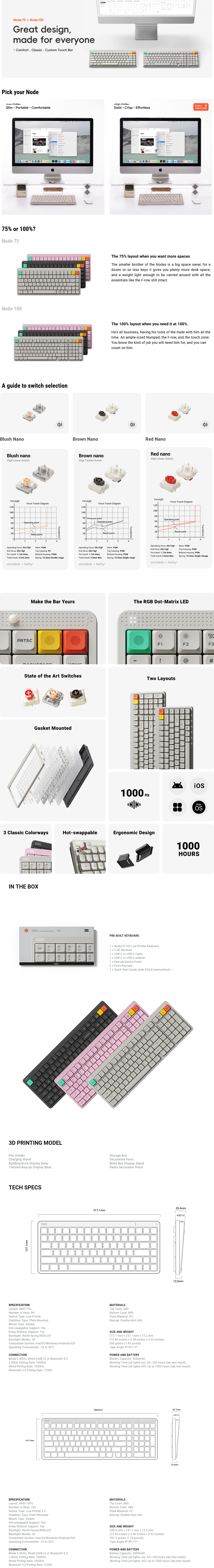 NuPhy Node75 Low-Profile Wireless Mechanical Keyboard - Lunar White - Brown Nano Switch