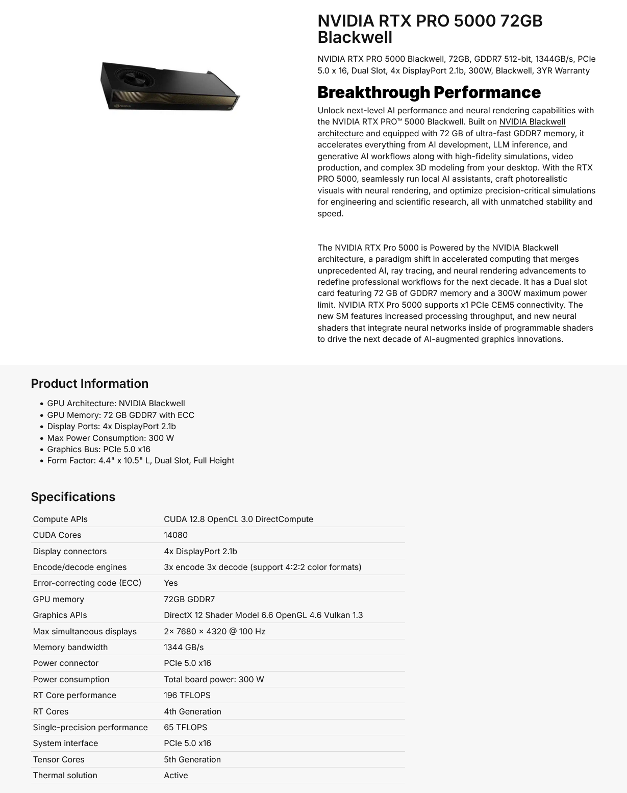 NVIDIA RTX PRO 5000 Blackwell 72GB Professional Video Card