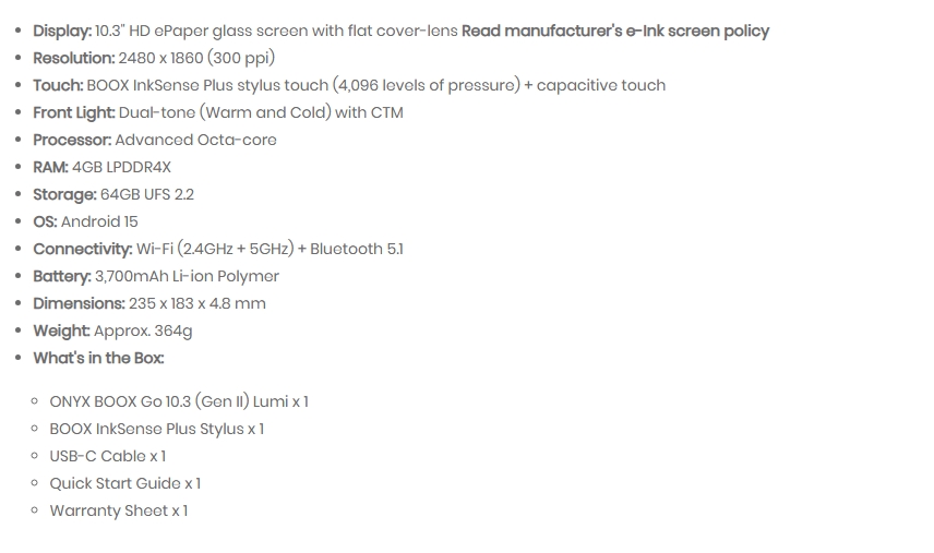 ONYX BOOX Go 10.3 Gen 2 Lumi E-Ink eReader
