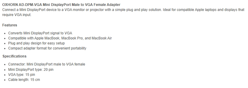 Oxhorn 0.15m Mini DisplayPort Male to VGA Female Adapter