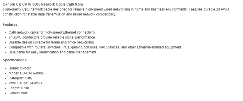 Oxhorn 0.5m Cat6 Ethernet Network Cable - Blue